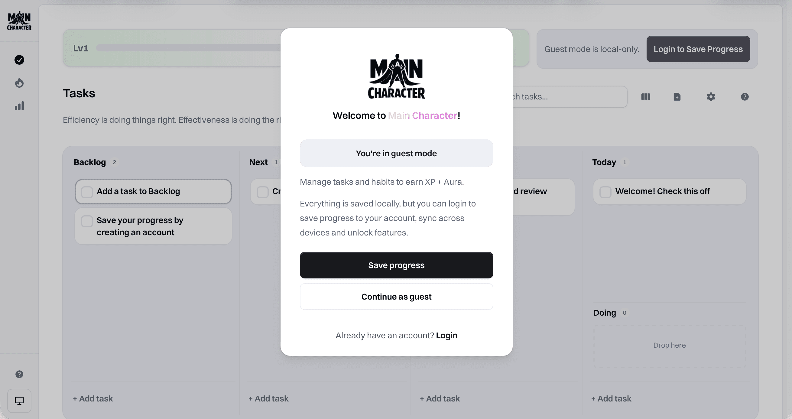 Main Character app task board with progress tracking